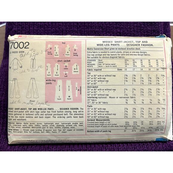 Simplicity 7002 Sewing pattern Wide leg pant top blouse 1970s size 12 - Picture 3 of 5